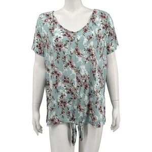 Late August Top Women 2X Blue Floral Tie Front Sheer Lightweight Spring Feminine